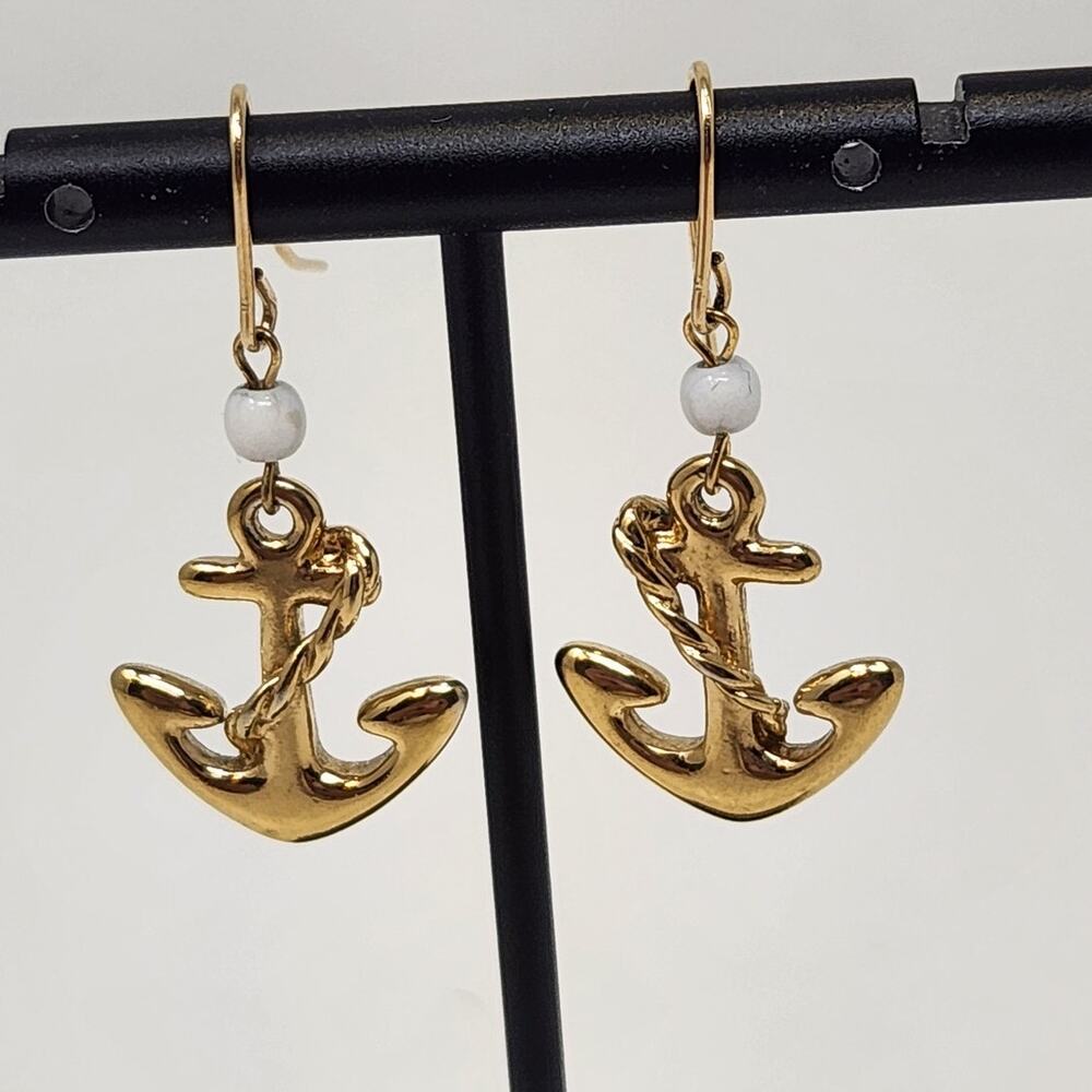 Monet Anchor Dangle Drop Hook Earrings Gold Tone Nautical Cruise Fashion Jewelry